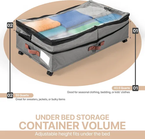Vista 6 de Almacenamiento expandible debajo de la cama con ruedas, paquete de 2 – Almacenamiento grande debajo de la cama y armario – Contenedores