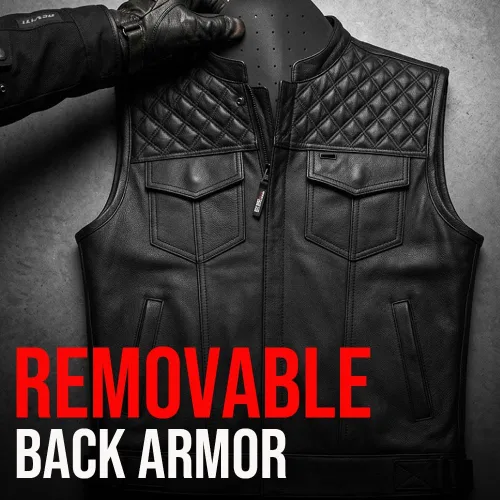 Vista 8 de Jackets 4 Bikes SOA Chaleco de Motocicleta para Hombre, Cuero Genuino de Búfalo, Armadura Trasera, Bolsillos Interiores, Chalecos de Club de Negro