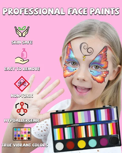 Vista 2 de Anka Bella Pintura facial profesional activada por agua, kit de pintura facial no tóxica para niños y adultos, incluye pastel de arcoíris, pastel