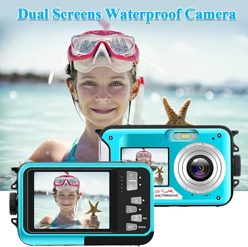 Vista 3 de Cámara impermeable de 10 pies doble pantalla selfie impermeable cámara digital compacta 48MP cámara submarina para esnórquel 2.7K Full HD grabadora