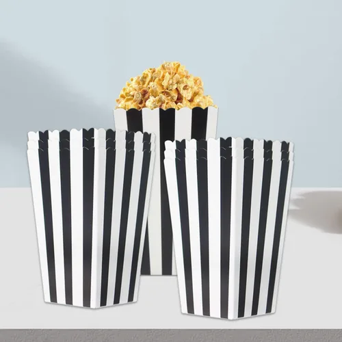 Vista 7 de Mini cajas de papel para palomitas de maíz a rayas blancas y negras, cajas de golosinas, caja de regalo de cumpleaños, cajas de aperitivos, cajas