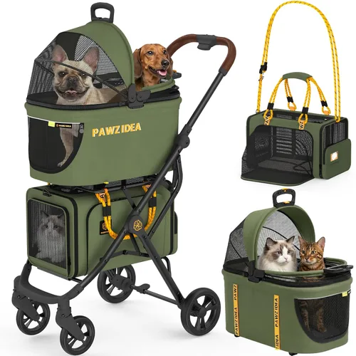 Vista 10 de PAWZIDEA Carriola doble para mascotas con 2 portamascotas desmontables, jaula portátil para perros para viajes en automóvil y porta gatos expandible