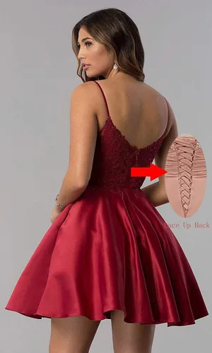 Vista 6 de Vestidos de satén de encaje para adolescentes 2025 con tirantes delgados y cuentas acampanadas, vestidos cortos de graduación con bolsillos