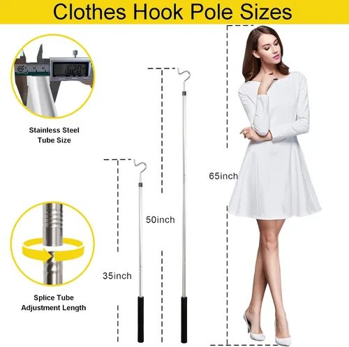 Vista 2 de Poste de gancho para ropa, gancho de alto alcance para colgar ropa, luz y plantas extensibles de 35 a 50 pulgadas, hecho de tubo de acero inoxidable