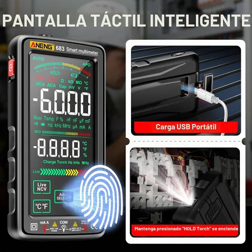 Vista 3 de Multímetro inteligente, probador de multímetro digital inteligente con pantalla táctil, 6000 cuentas, rango automático, multímetro recargable, una