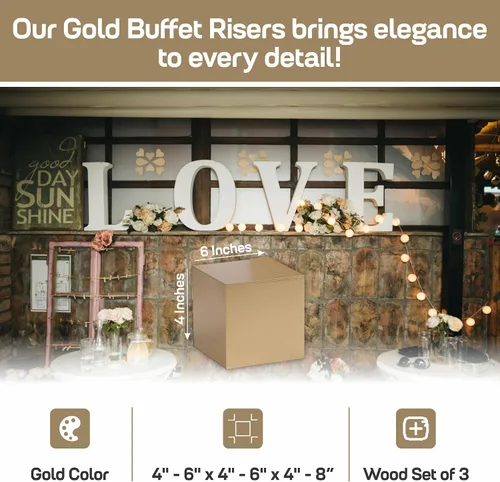 Vista 3 de Fun Express Elevadores de buffet dorados (juego de 3 de madera) ideales para bodas, decoración del hogar y accesorios