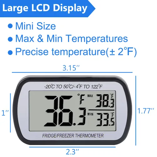Vista 3 de 2 Pack Termómetro de Refrigerador y Heladera Digital, Termómetro para Sala de Refrigeración Impermeable, Pantalla LCD Grande, Función de Registro