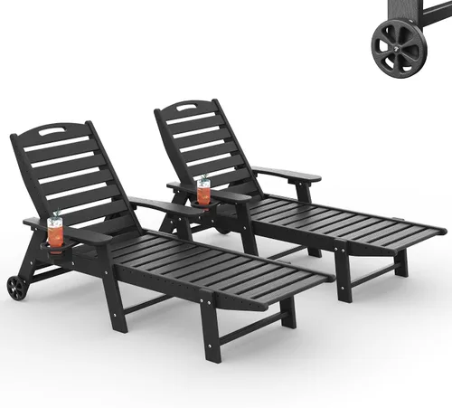 Vista 30 de Tumbona al aire libre, silla de descanso al aire libre con textura de madera, respaldo ajustable de 5 posiciones, silla de salón de polietileno