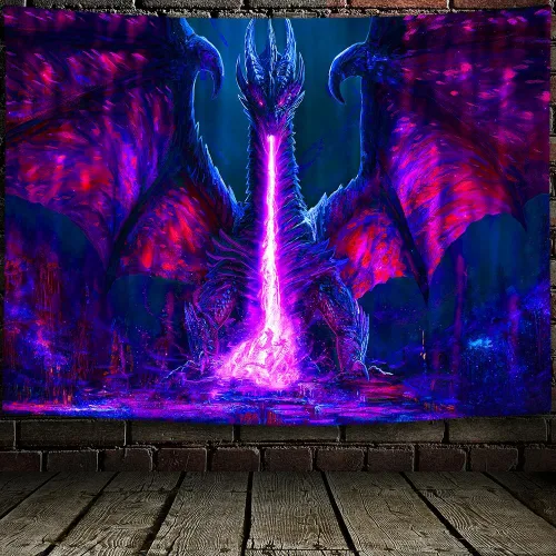 Vista 8 de ADDWel Tapiz de luz negra con dragón, tapiz genial de dragón malvado que brilla en la oscuridad, pósteres de luz negra reactivos a UV para colgar