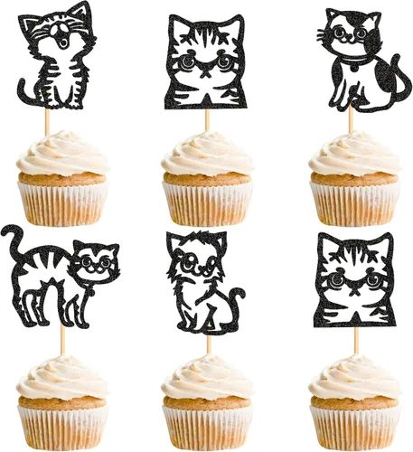 Vista 8 de Ercadio Paquete de 25 adornos para magdalenas de gatos, palillos para tartas de gatos negros, selecciones de cupcakes de animales, decoraciones