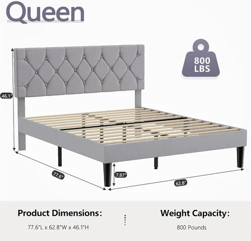 Vista 2 de VECELO Base de cama tamaño Queen con cabecera capitoné con botones, plataforma tapizada con soporte de listones de madera, no necesita somier