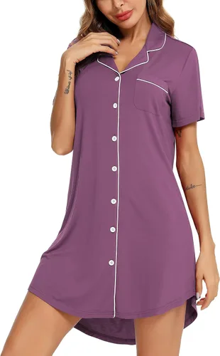 Vista 44 de Samring Camisón de pijama para mujer, manga corta/larga, con botones, camisón para dormir, camisón para novio, talla XXL