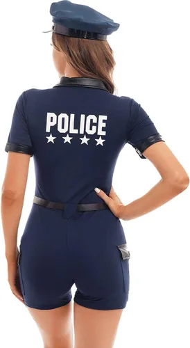 Vista 4 de Sywiyi Uniforme de policía para mujer, disfraz sexy de policía, disfraz de Halloween con cinturón de sombrero