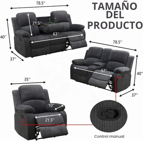 Vista 2 de Juego de sofá reclinable manual de 3 piezas, sofá reclinable de pana para sala de estar Gris oscuro