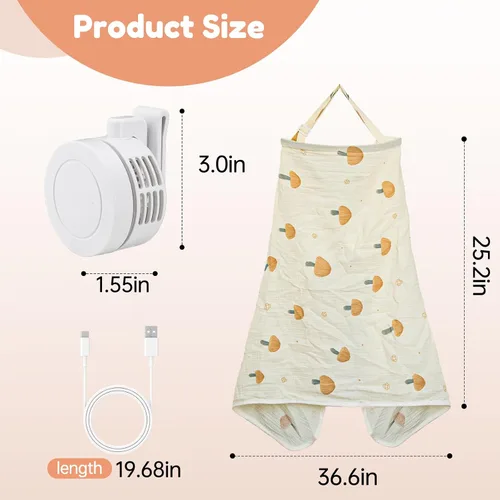 Vista 6 de Cubierta de lactancia con ventilador, delantal de lactancia ajustable transpirable, con cuello de arco para mujer, con clip de mini ventilador