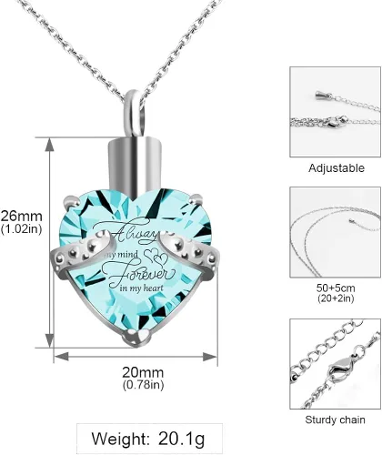 Vista 4 de XIUDA Collar de urna de cristal con piedra natal, colgante de recuerdo conmemorativo, soporte de ceniza, joyería de cremación para cenizas