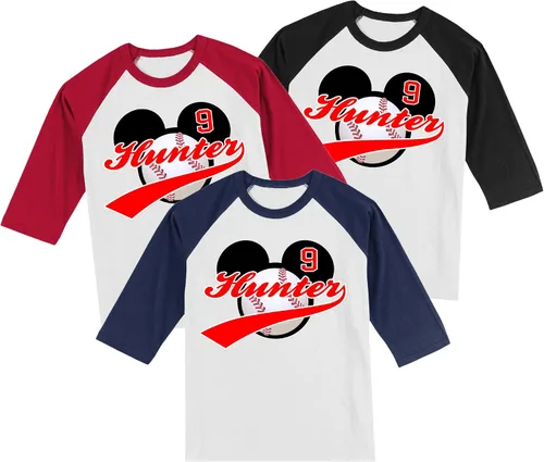 Vista 2 de Camiseta de cumpleaños personalizada de Mickey Baseball con decoración hecha a mano.