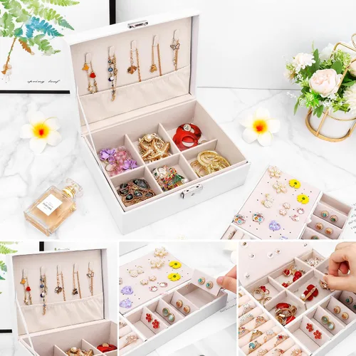 Vista 6 de DesignSter Joyero organizador con cerradura, 2 capas de piel sintética, soporte de joyería con bandeja extraíble para collares, aretes, anillos
