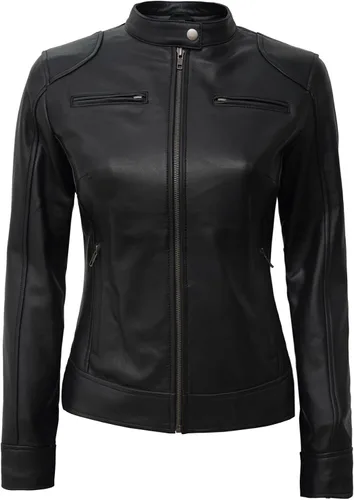 Vista 3 de Decrum Chaquetas de cuero para mujer - Chaqueta de cuero de piel de cordero real estilo Café Racer Causal y de moda para mujer