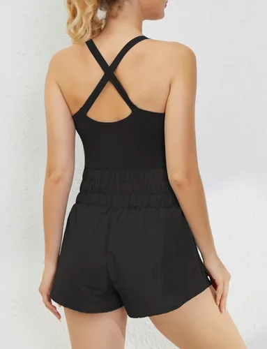 Vista 3 de MISSACTIVER Vestido de tenis para mujer, vestido de entrenamiento con pantalones cortos incorporados, sin mangas, entrecruzado, sin espalda, mini