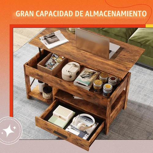 Vista 5 de WLIVE Mesa de Centro, Mesa de Centro Elevable de 39 pulgadas con Compartimento Oculto, Cajones de Almacenamiento y Estante de Almacenamiento