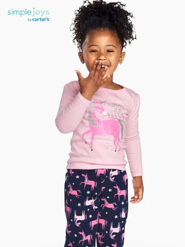 Vista 2 de Simple Joys by Carter's Conjunto de pijama de 4 piezas para niñas y niños pequeños (parte superior de algodón y parte inferior de vellón)