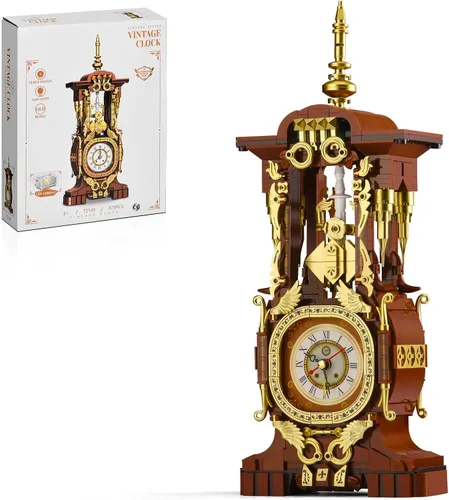 Vista 7 de Juego de construcción de reloj retro para adultos, modelo de reloj de péndulo vintage con engranajes giratorios, juguetes de bloques de construcción