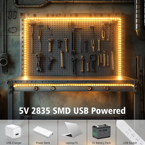 Vista 5 de echosari Tira de luces USB 5V, tira de luces LED de 9.8 pies con 180 luces LED cortables, cada 2835 SMD, superbrillante con autoadhesivo DIY