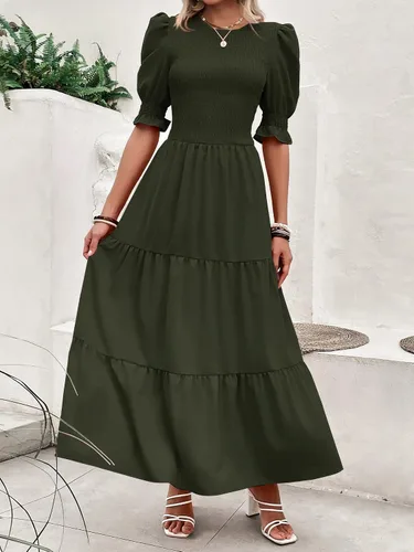 Vista 86 de BTFBM Vestidos para mujer, cuello redondo, casual, de verano, con volantes, manga corta, bohemio, con niveles, fruncido, largo, con estampado floral