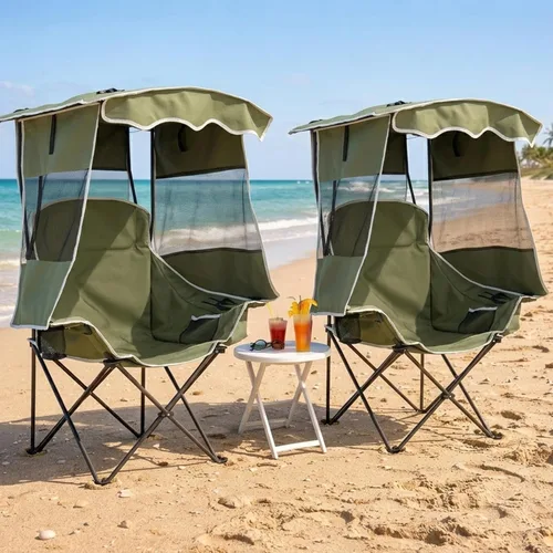 Vista 8 de ABORON Silla de camping con toldo, silla de playa plegable con sombra, silla portátil para exteriores con portavasos y bolsa refrigeradora