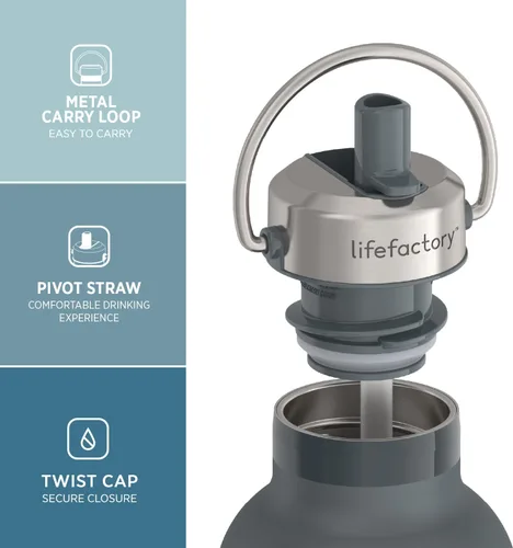 Vista 2 de Lifefactory Botella deportiva aislada al vacío de acero inoxidable con tapa de pajita, 24 onzas, carbono