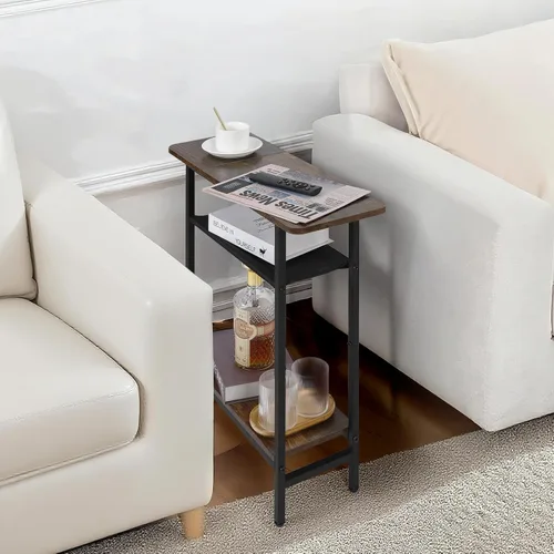 Vista 2 de Mesa auxiliar estrecha para sala de estar, mesa auxiliar delgada de 3 niveles con mesa de almacenamiento amplia, mesa de sofá delgada para espacios
