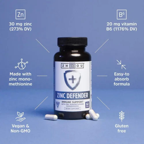 Vista 4 de Zhou Zinc Defender - Suplementos de zinc para hombres y mujeres, 30 mg por porción para la salud inmunológica y apoyo mineral, apoyo de vitamina B6