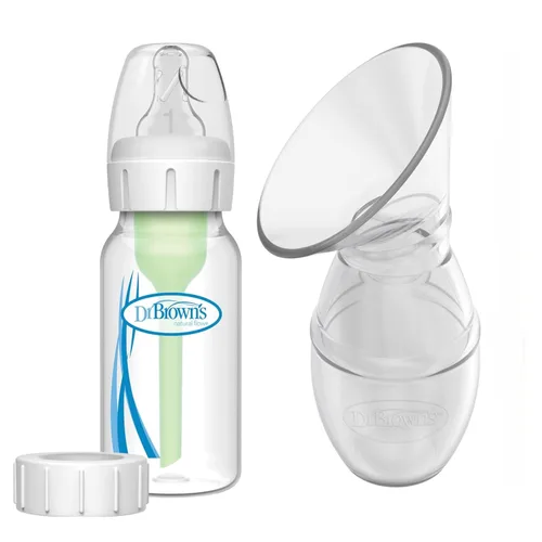 Vista 2 de Dr. Brown's Extractor de leche de una pieza de silicona 100% silicona, colector de leche materna manos libres con opciones anticólicos + biberón