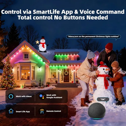 Vista 4 de Luces permanentes para exteriores para casa, IP67 impermeable con 60 luces RGB + IC, luces inteligentes de Navidad de 99.8 pies para exteriores