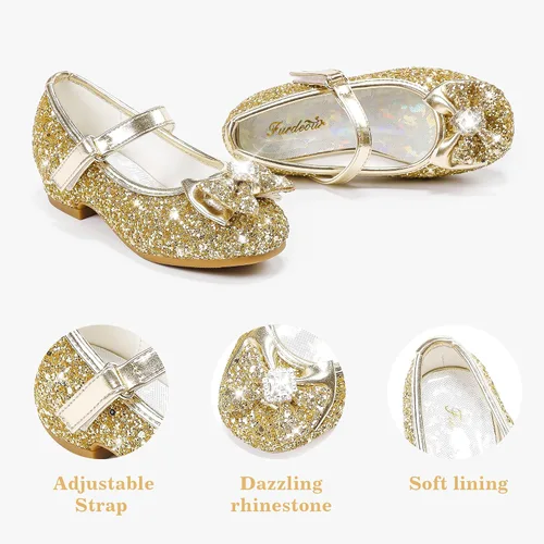 Vista 5 de Furdeour Zapatos de vestir para niñas, zapatos de princesa Mary Jane para bodas, flores, damas de honor, tacones con purpurina para niños pequeños