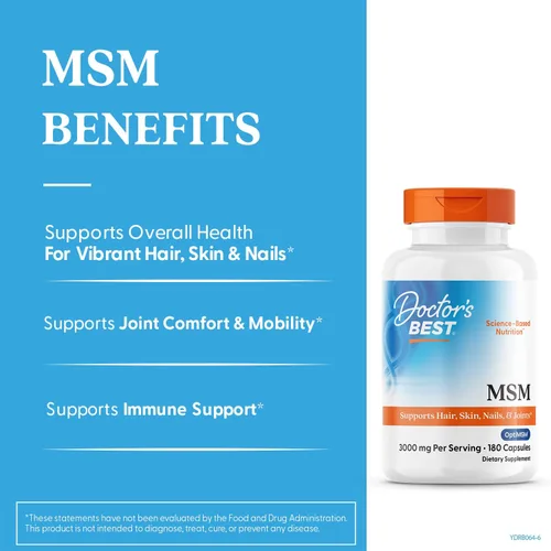 Vista 3 de Doctors Best MSM, apoya el cabello, la piel, las uñas y las articulaciones, sin OMG, sin gluten, 3000 mg por porción, 180 cápsulas
