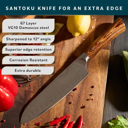Vista 2 de Home Hero Colección de cuchillos japoneses Santoku VG10 con remache de acero de Damasco ultra afilado, 67 capas, mango ergonómico de palisandro