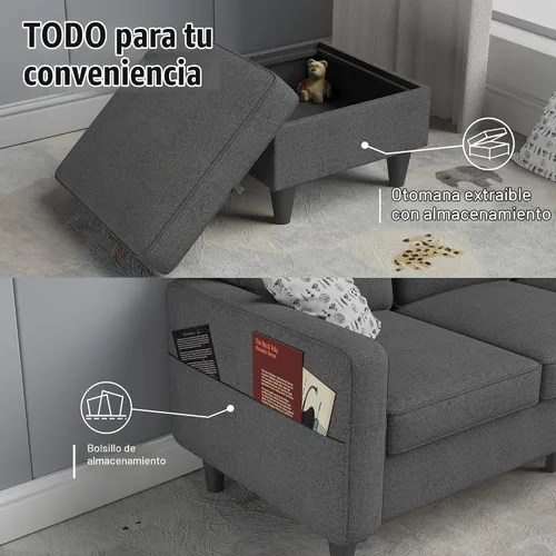 Vista 8 de ZeeFu Sofá para sala de estar – Sofá seccional en forma de L de lino beige de 78 pulgadas con otomana de almacenamiento – Moderno sofá tapizado