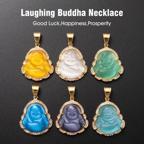 Vista 4 de WESTMIAJW Lucky Laughing Buda colgante cadena collares amuleto joyería para hombres, mujeres y niños, 23.6in, Piedra