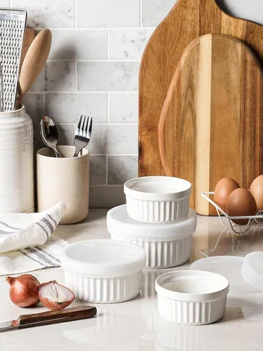 Vista 8 de LE TAUCI Ramequines con tapas de silicona, platos de cerámica para soufflé de 8 OZ, cuencos de ramekin para Crème Brûlée, postre, salsas, aptos