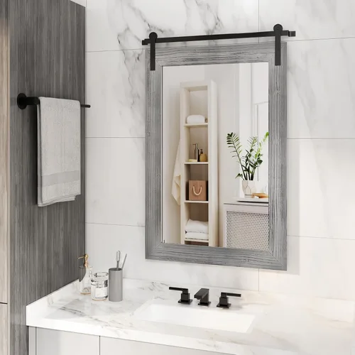 Vista 59 de COGOOD Espejo de puerta de granero de granja, 25 x 18 pulgadas, espejo decrativo con marco de madera rústica para baño, sala de estar, decoración