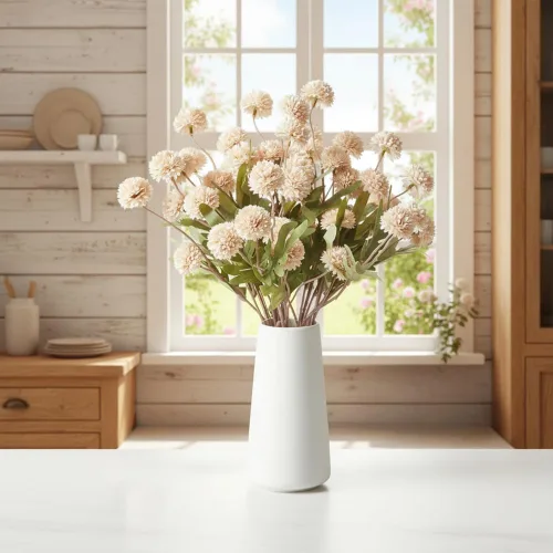 Vista 4 de Mini flores artificiales de crisantemo, 10 tallos de pompón sintético para arreglos de jarrón, decoración del hogar (beige)
