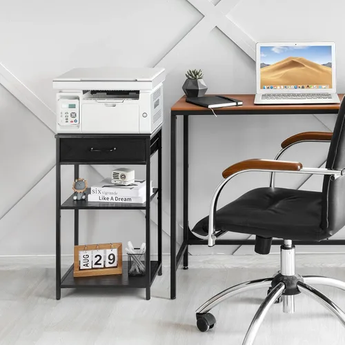Vista 2 de Soporte de impresora de 3 niveles debajo del escritorio, mesa de impresora pequeña con cajones de almacenamiento, estante de impresora de madera