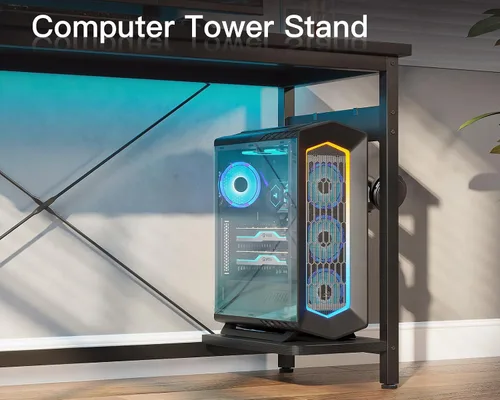 Vista 7 de Coleshome - Escritorio gaming en forma de L de 66 pulgadas, con toma de corriente, con soporte para CPU, escritorio esquinero para computadora