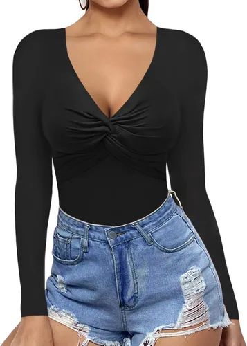 Vista 2 de MANGOPOP Body para mujer, cuello en V profundo, nudo torcido, ajustado, manga corta, manga larga