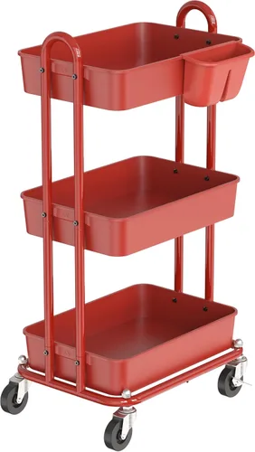 Vista 6 de Simple Houseware - Carro multiusos rodante de 3 niveles con cubos colgantes, color Rojo Almacenamiento para baño, cocina, oficina, sala