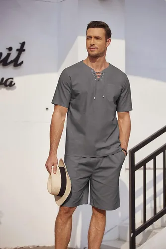 Vista 3 de COOFANDY Conjunto de 2 piezas de lino para hombre, camisa Henley con cordones, manga corta, casual, playa, pantalones cortos hippie, trajes de yoga