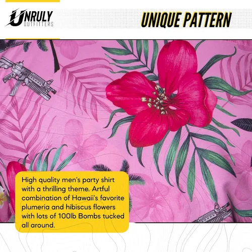 Vista 4 de Unruly Outfitters - Camisa hawaiana novedosa para hombre, rifles M4 y flores para el trabajo, fiesta, barbacoa