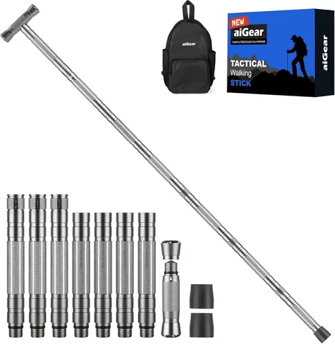 Vista 11 de aiGear G3 Tactical Walking Stick Self Defense, Upgraded Durable Hiking Stick with Multitool Adjustable 5-8 Tubes Modular Design for Hiking Camping